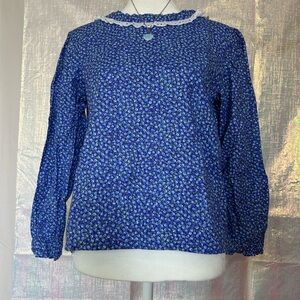 Handmade Blue Floral Long-Sleeve Women's Top with Lace Detail See measurements.